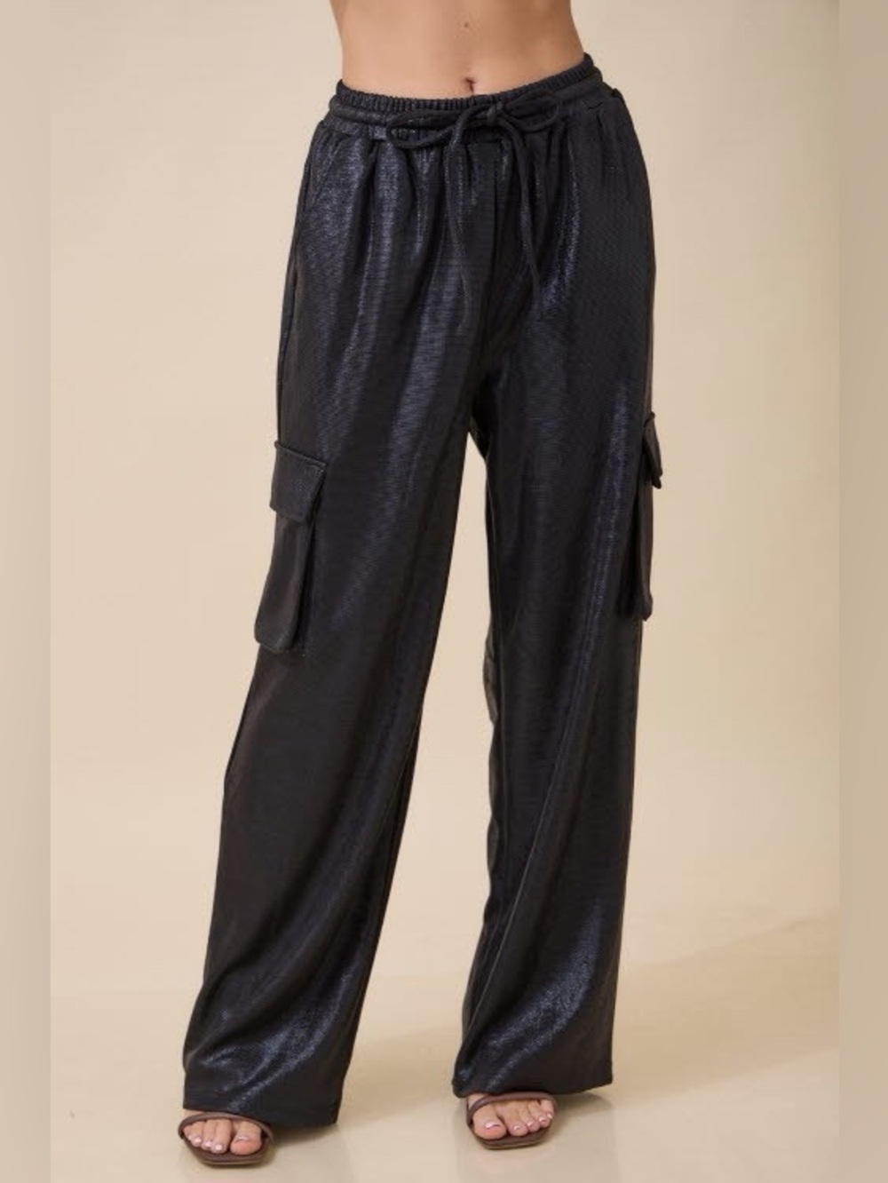 Metallic Black Wide-Leg Drawstring Cargo Pants